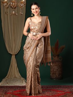Akhilam - Women's Kota Doria Cotton Beige Printed Designer Saree with Unstitched Blouse