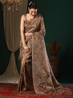 Akhilam - Women's Organza Beige Printed Designer Saree with Unstitched Blouse