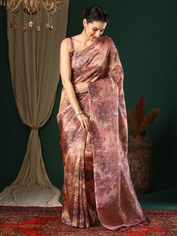 Akhilam - Women's Organza Mauve Printed Designer Saree with Unstitched Blouse