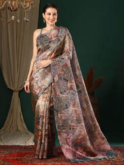 Akhilam - Women's Organza Multicolored Printed Designer Saree with Unstitched Blouse