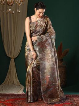 Akhilam - Women's Organza Brown Printed Designer Saree with Unstitched Blouse