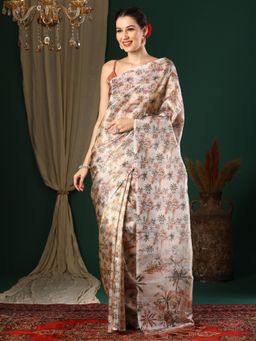 Akhilam - Women's Organza Cream Printed Designer Saree with Unstitched Blouse