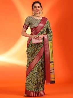 Akhilam - Women's Dola Silk Mustard Woven Designer Saree with Unstitched Blouse