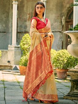 Akhilam - Women's Silk Blend Cream Woven Designer Saree with Unstitched Blouse