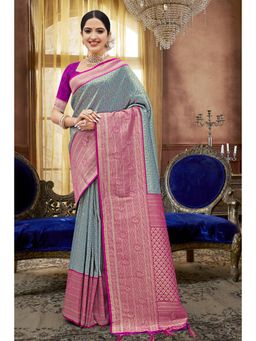 Sangam Prints - Sky Blue Silk Woven Zari Work Traditional Tassel Saree with Unstitched Blouse