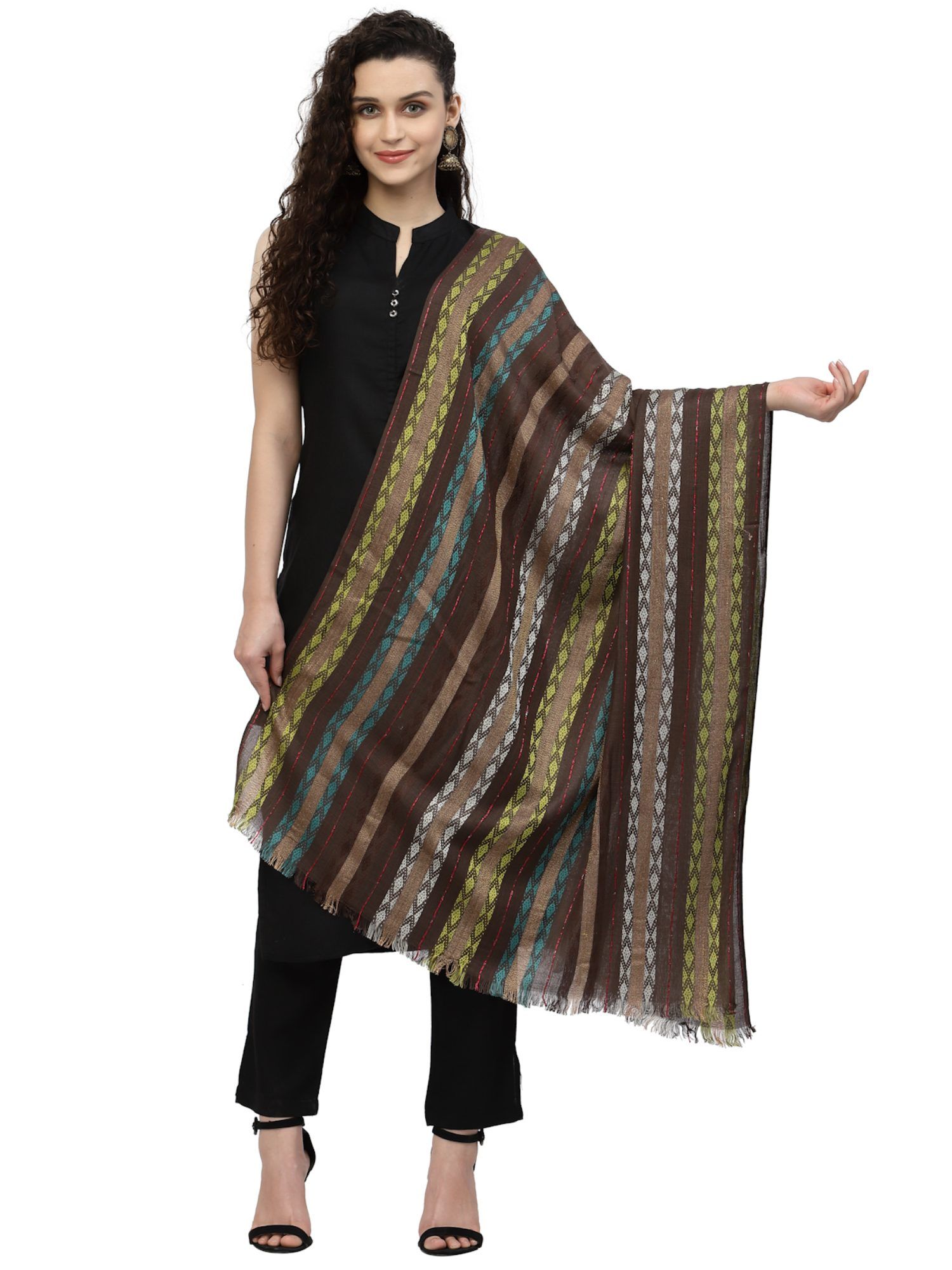 Spatial Brown & Multi Striped Viscose Rayon Stole-image-46