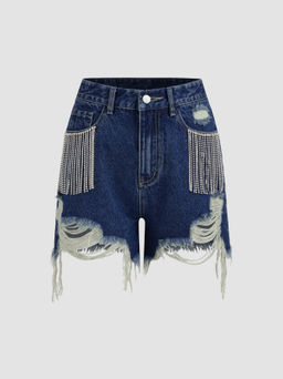 Cider - Diamond Tassels Ripped Denim Shorts