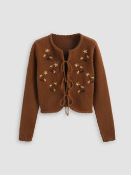 Cider - Floral Embroidery Knotted Cardigan