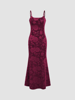 Cider - Velvet U-neckline Floral Maxi Dress
