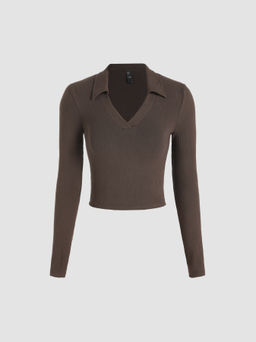 Cider - Solid Collar Long Sleeve Crop Top