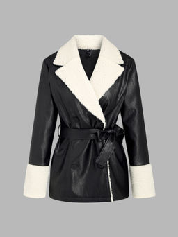 Cider - Faux Shearling Collar Oversized Jacket With Belt