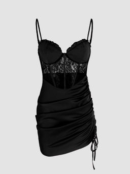 Cider - Solid Lace Corset Drawstring Cami Short Dress