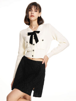 Cider - V-neck Bowknot Button Up Knit Crop Cardigan