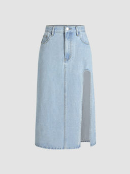 Cider - Denim Solid Split Midi Skirt