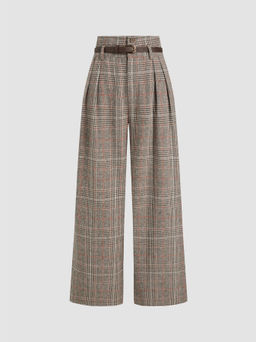 Cider - Houndstooth High Waist Belted Wide Leg Trousers