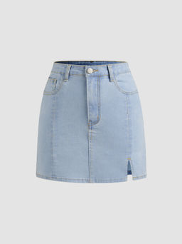 Cider - Denim Solid High Waist Split Mini Skirt