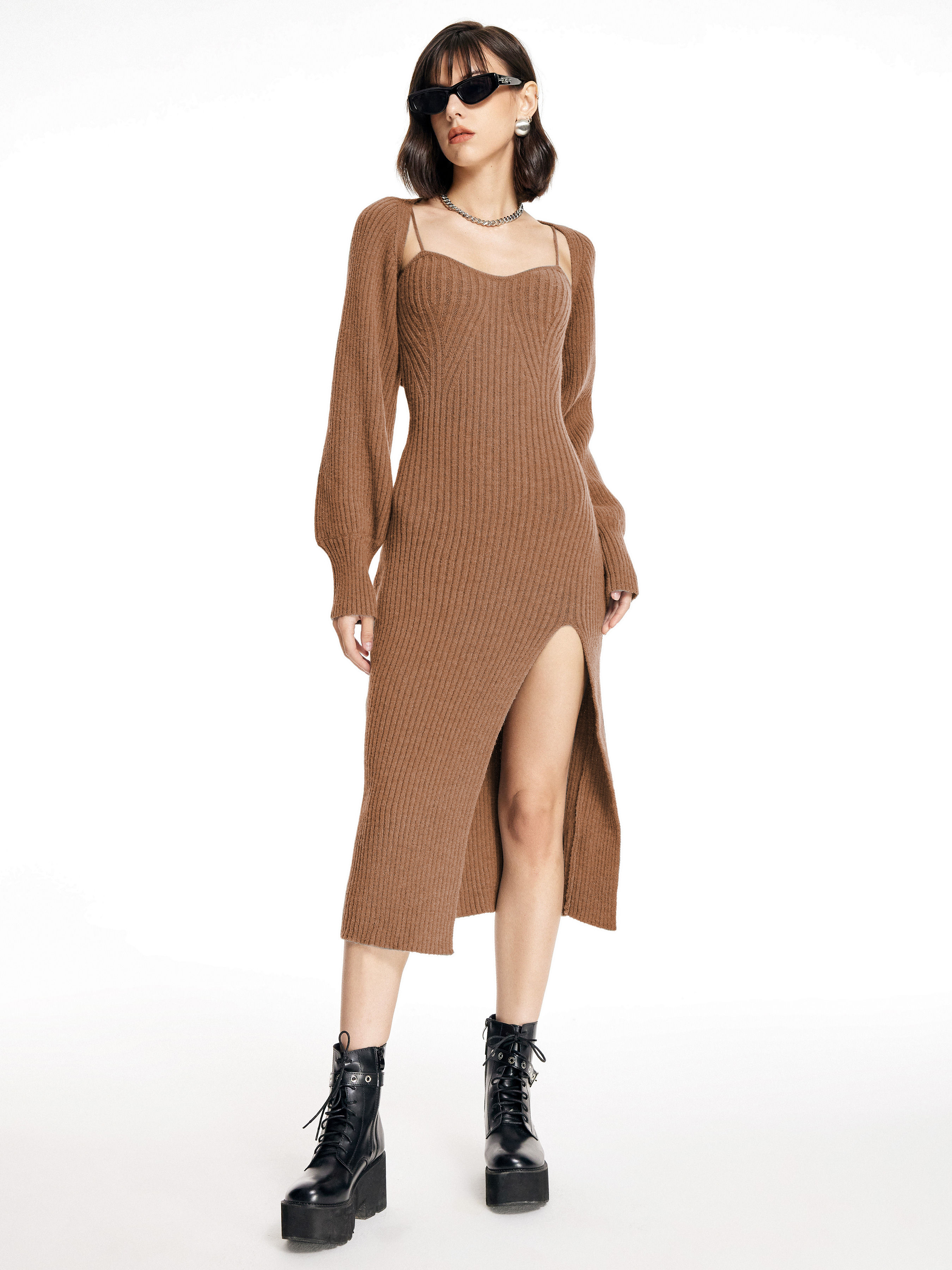 Knit Solid Cami Split Midi Dress & Crop Top