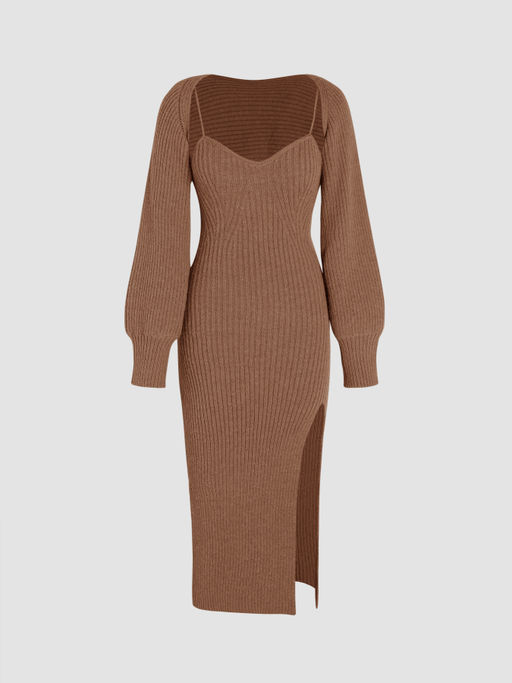 cider solid knitted cami split midi dress & crop top CIDER Plus Size 2 Piece Sweater Dress for Women Long Sleeve Midi Dress Slit Winter Sweater Wedding Guest Outfits, gray : Amazon.de: Fashion
