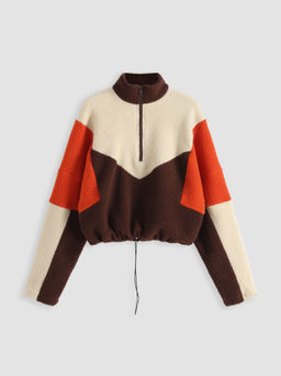 Cider - Fleece Patchy Stand Collar Drawstring Sweatshirt