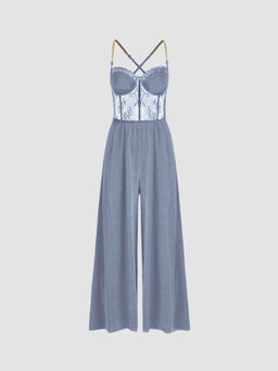 Cider - Solid Lace Corset Chain Cross Wide Leg Jumpsuit