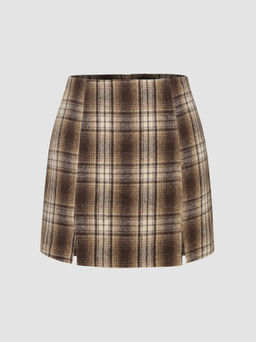 Cider - Tweed Gingham Split Mini Skirt