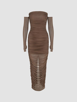 Cider - Mesh Strapless Solid Maxi Dress With Oversleeves