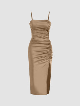 Cider - Solid Satin Ruched Split Midi Cami Dress