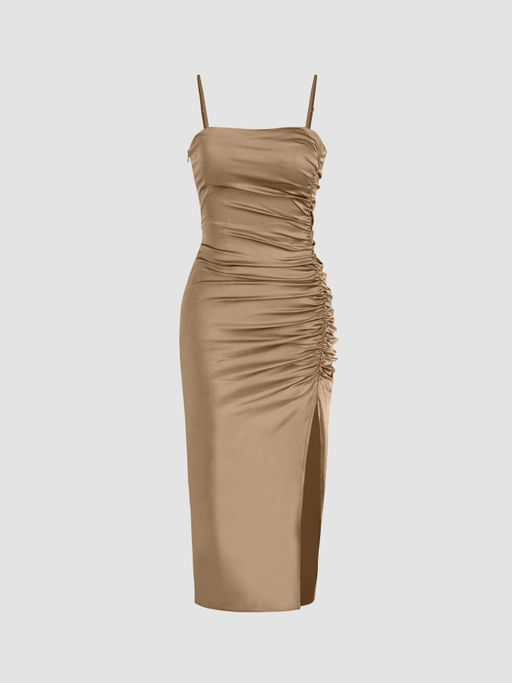 cider solid satin slit midi dress Cider | Dresses | Satin Midi Dress With Slit Cider