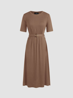 Cider - Solid Belted Knitted Midi Dress