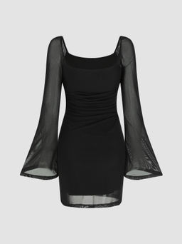 Cider - Solid Mesh Square Neck Sheer Mini Dress