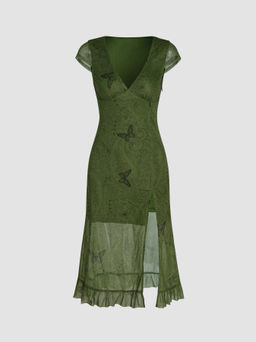 Cider - V-neck Butterfly Split Midi Dress