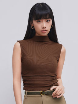 Cider - Solid High Neck Sleeveless Ruched Tank Top