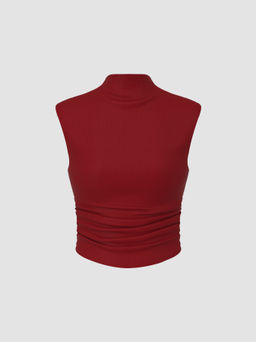 Cider - Solid High Neck Sleeveless Ruched Tank Top