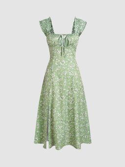 Cider - Floral Ruffle Hem Drawstring Midi Dress