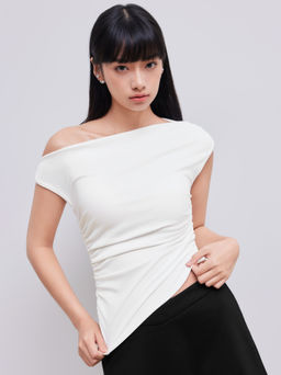 Cider - Asymmetrical Neck Ruched Crop Top