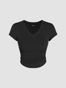 Cider - Ruched V-neck Rib Short Sleeve Crop Top
