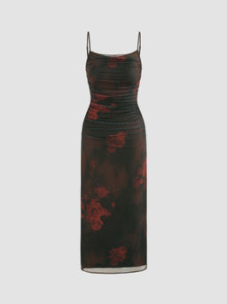 Cider - Floral Ruched Mesh Maxi Dress