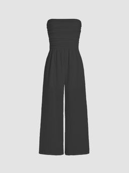 Cider - Texture Ruched Tube Wide Leg Jumpsuit