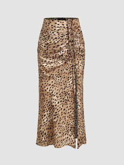 Cider - Spot Leopard Print Drawstring Split Maxi Skirt