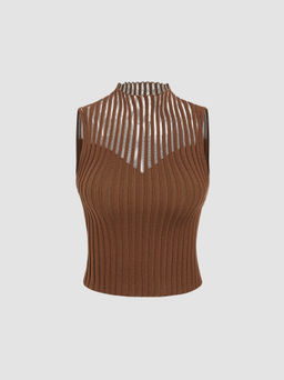 Cider - Solid Knit Stand Collar Ruffle Trim Tank Top