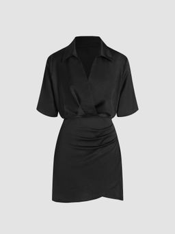 Cider - Solid Collar Ruched Midi Shirt Dress