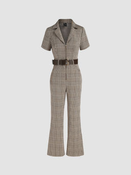 Cider - Collar Houndstooth Zipper Jumpsuit With Belt