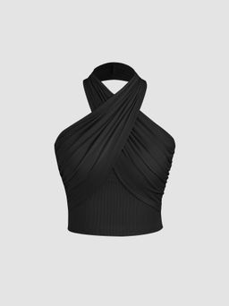 Cider - Solid Criss Cross Halter Ruched Crop Top