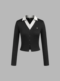 Cider - Collar Patchy Embroidery Button Long Sleeve Top