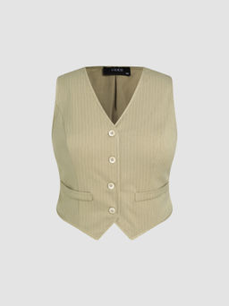 Cider - Striped V-neck Button Blazer Vest Curve & Plus