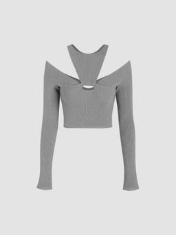 Cider - Round Neckline Solid Knitted Twist Crop Long Sleeve Top