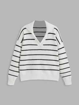 Cider - Wool-blend V-neck Striped Knitted Long Sleeve Top