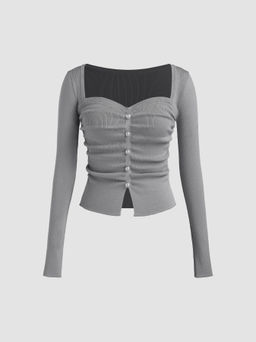 Cider - Square Neck Solid Faux Pearl Knitted Long Sleeve Crop Top