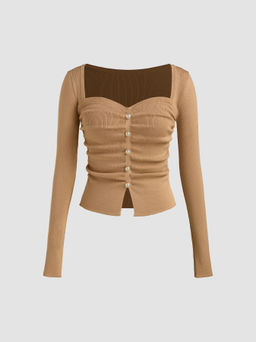 Cider - Square Neck Solid Faux Pearl Knitted Long Sleeve Crop Top