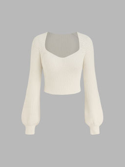 Cider - Knit V-neck Solid Lantern Sleeve Crop Top